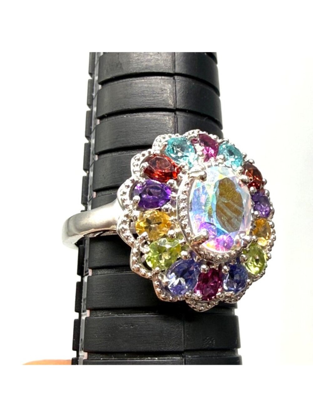 STS Ring Flower Cluster Garnet Citrine Ruby Peridot Sterling Silver Sz 10 India